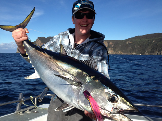 ANGLER: Locki Nichols SPECIES: Southern Bluefin Tuna.  WEIGHT: Est. 15 kg. LURE: JB Lures, Carnival Micro Dingo.
